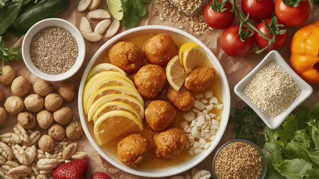 Golden sesame lemon tofu meatball citrus broth with honeyed dessert balls and fried falafel slices
