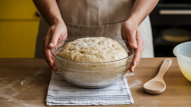 Baker's hands hold bowl of freshly risen bread dough in kitchen