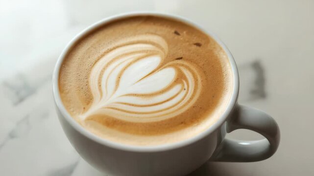 Latte art heart foam in ceramic coffee cup with creamy foam on marble table cozy morning cup