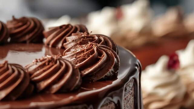 Decadent chocolate cake glossy ganache piped frosting dessert pastry chocolate cake ganache rosettes