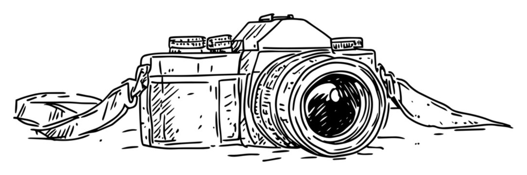 vintage camera detailed ink drawing