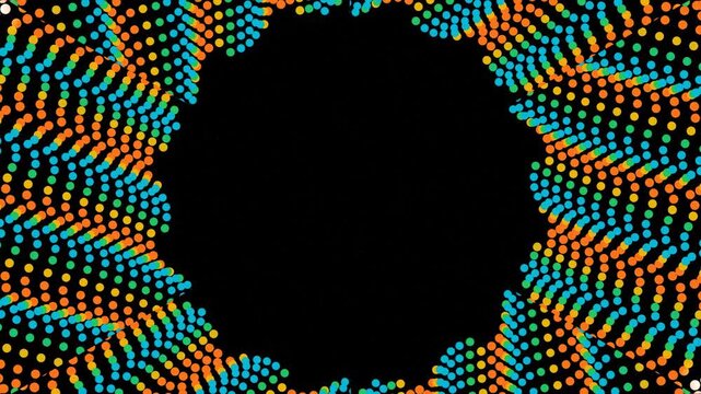 Colorful dots form a border with a black background