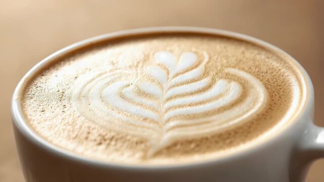 Latte art heart rosette pattern on creamy cappuccino foam with warm cozy morning coffee foam latte