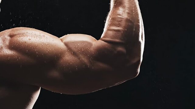 Muscular male athlete flexing a powerful bicep muscle.