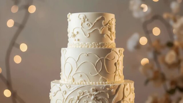 Elegant white three tier wedding cake with ornate piped floral icing and soft bokeh lights