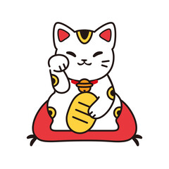 赤い座布団に座る招きねこ　金運と幸運を願うベクターイラスト