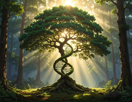 A luminous tree in a forest, its trunk a DNA helix, bathed in sunlight. A concept combining nature and biology