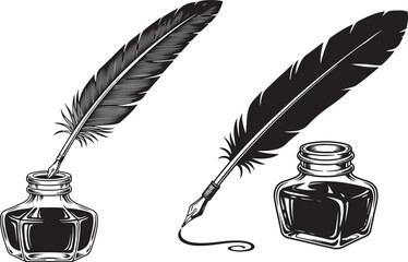 Vintage illustration of quill pens and ink bottles in a classic black and white style. Quill Pen and Inkwell Illustration in Black and White.