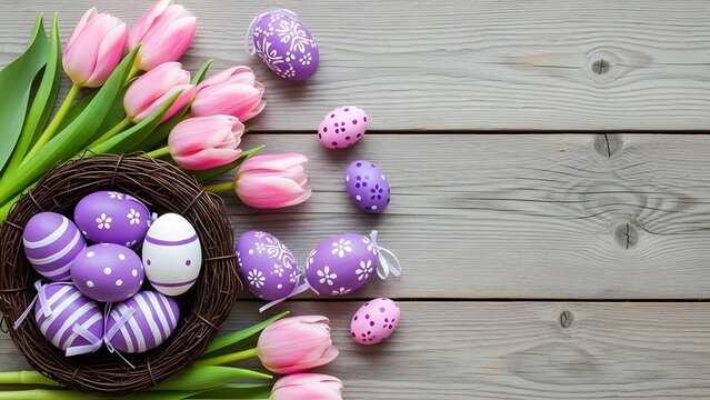 Easter eggs and tulips in a nest on wooden background for spring