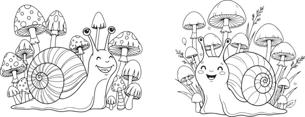 Cute Snail with Mushrooms Line Art Illustration for Coloring Page. Cute cartoon snail with mushrooms and leaves isolated on white background