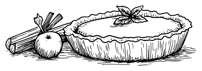apple pie with cinnamon sticks and mint leaf sketch © Kaz