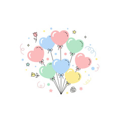 Naklejka premium Heart-shaped balloons in pastel colors tied with ribbons, floating with confetti