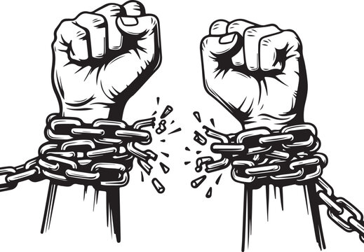 Breaking Free from Chains &ndash; Power and Freedom Fists Illustration in Black and White. Hands with clenched fist metal chain. Two fists breaking chains symbolizing freedom and liberation