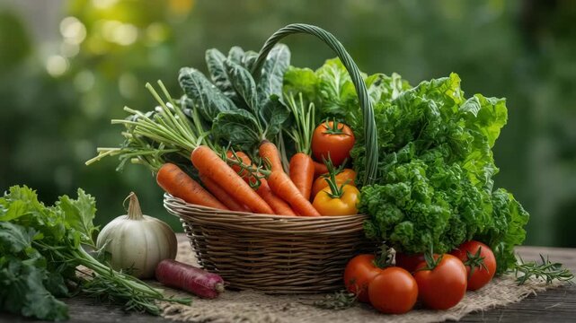 Fresh carrots tomato lettuce kale garlic parsley basket arranged rustic table vibrant organic