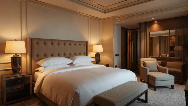 Luxurious hotel bedroom with king bed, elegant headboard, nightstand and cozy neutral decor