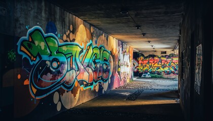 Fototapeta premium Urban tunnel vibrant graffiti colors brighten concrete walls, creating a modern, creative, and edgy street art atmosphere in city underpass.