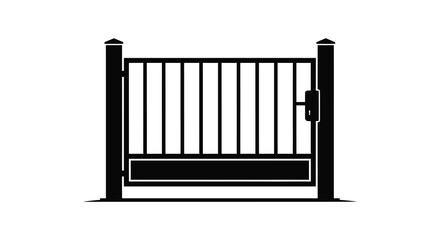 A stark black and white illustration depicts a closed metal gate with vertical bars and a latch high quality professional