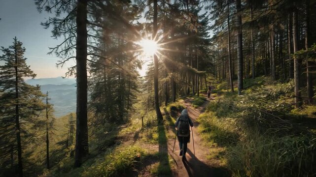 Hiker walking sunlit forest trail with backpack and walking stick golden hour sunburst peaceful