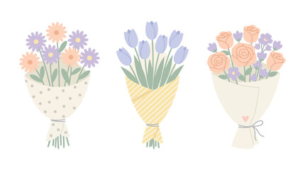 Set of three flat pastel flower bouquets featuring daisies, tulips and roses on white background, concept for greeting card design, wedding invitations and spring decoration