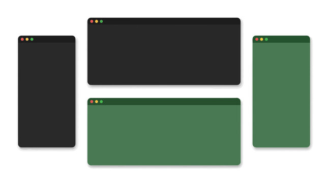 Four blank browser windows in dark theme displaying desktop and mobile responsive layouts, concept for web design, app development and UI/UX presentation