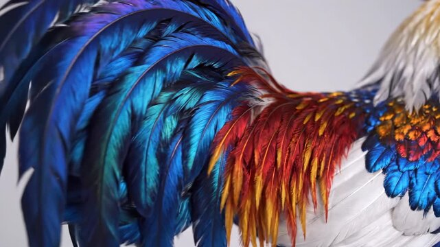 Intricate close up dolly shot sweeping along the iridescent blue white and red feathers of a stylized rooster against a neutral bright setting lighting, victory, red feathers