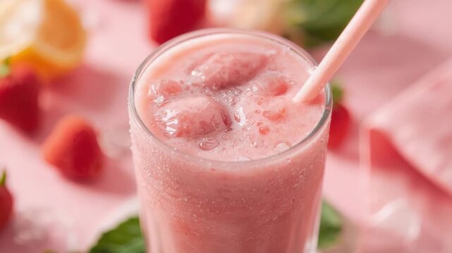 Pink strawberry smoothie with ice and straw glass. refreshing creamy fruity beverage and cold pink