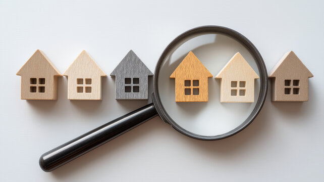 Magnifying glass and miniature houses. House searching concept.