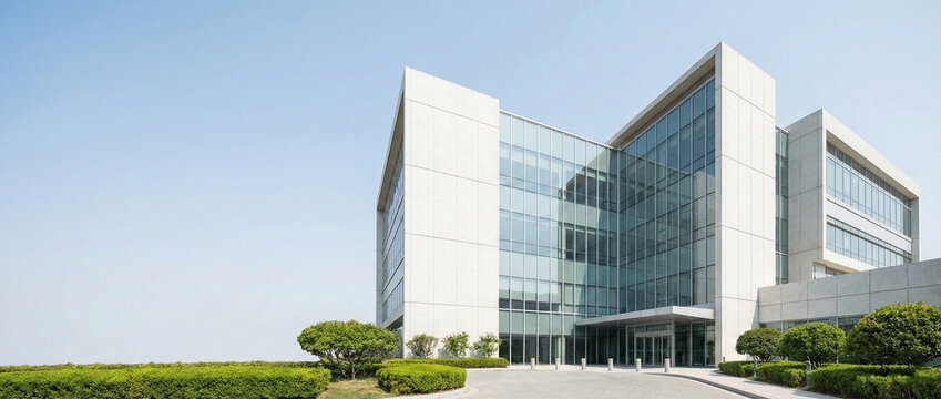 Contemporary glass office building or hospital research center architecture against blue sky, corner view with landscaping.