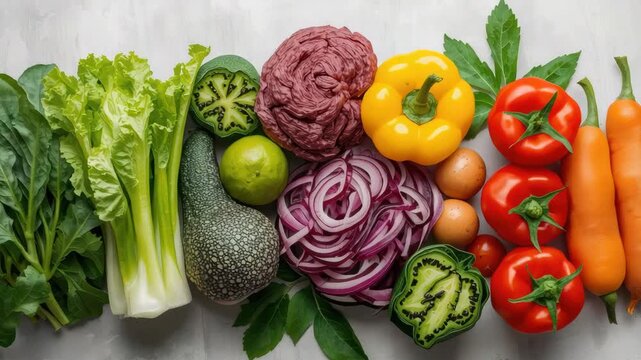 Fresh mixed vegetables flatlay with lettuce spinach celery avocado lime purple cabbage vibrant