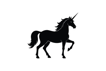 Obraz premium Majestic unicorn silhouette walking with horn pointing up isolated on plain white background
