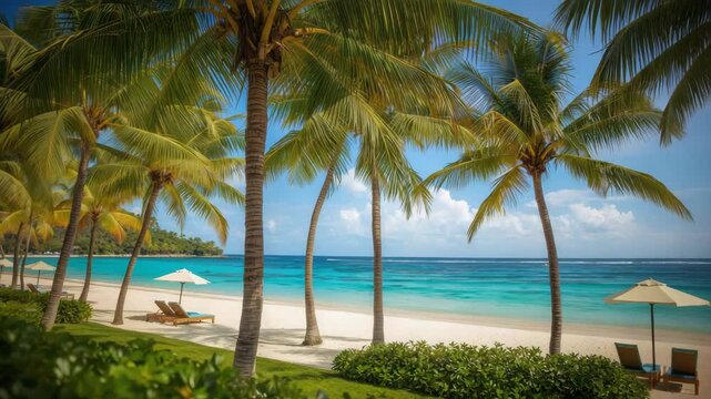 Tropical palm tree beach with white sand, turquoise sea and lounge chairs umbrellas, tropical ocean