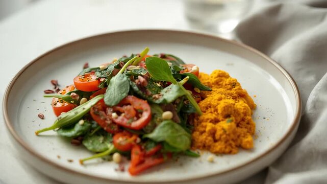 Fresh spinach cherry tomato salad with turmeric seed golden crumb pine nut garnish