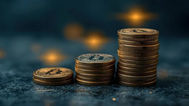 Golden cryptocurrency coin stack dark textured surface with warm glowing bokeh lights and metal