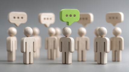 Many figures of people and comment clouds above them. The process of discussing and commenting, the pursuit of new ideas and optimal solutions.