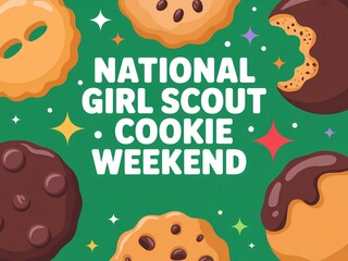 Fototapeta premium National girl scout cookie weekend celebration with colorful cookies on green background