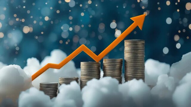Stack of coins rising through clouds with upward orange growth arrow and stacked coin growth chart