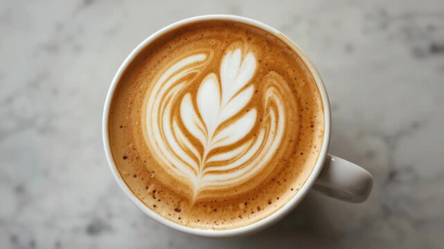 Creamy latte art rosette in ceramic cup on marble table warm cozy coffee milk foam cappuccino cup