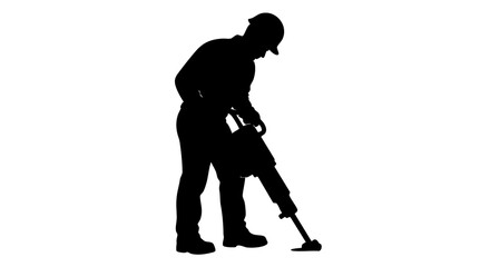 Construction worker in silhouette using jackhammer on ground for demolition or excavation work