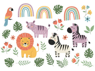 Fototapeta premium Whimsical jungle scene with animals and flowers