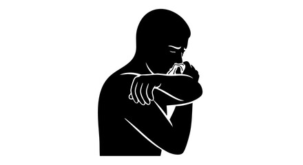 Man coughing into elbow black silhouette on white background illustration