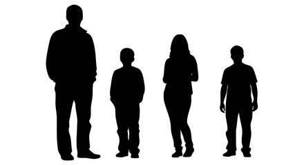 Silhouette of a family of four standing together in a row on a white background
