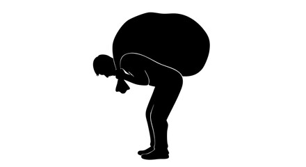 Man carrying heavy load on back bending under weight struggling with burden exhaustion and stress concept silhouette on white background