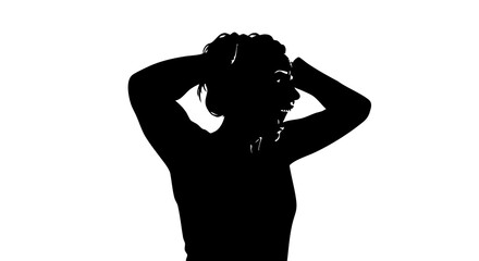Woman in silhouette with hands on head expressing stress or frustration in a simple white background
