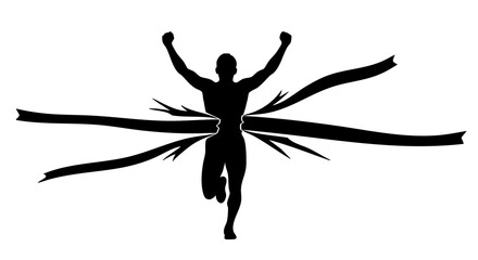 Silhouette of triumphant runner crossing finish line with ribbons flying symbolizing victory and achievement in sports and competition