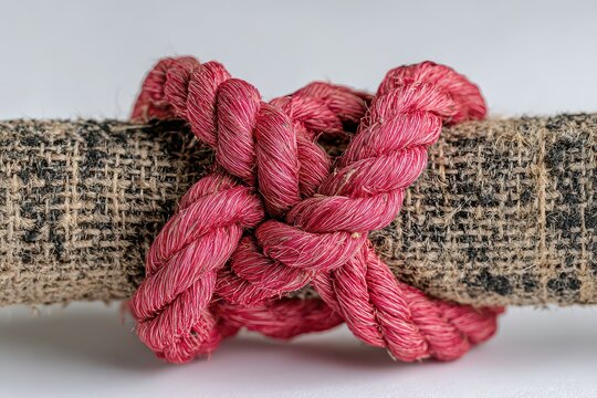 Close Up of Complex Red Rope Knot Tied Around Textured Beige Fabric Covered Pole on White Background