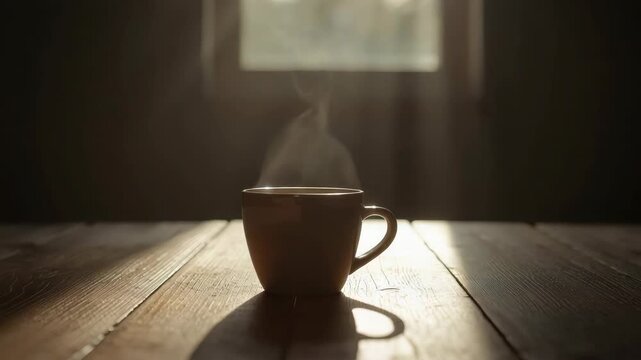 Steaming coffee cup on wooden table in soft morning light cozy warm calm mood steam