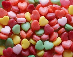 Colorful heart-shaped candy treats cozy kitchen food sweet vibe isolated on transparent background. A candy hearts background.
