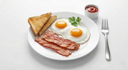 Classic American breakfast with sunny side up fried eggs, crispy bacon strips and toast on white plate.