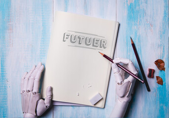 AI Robot Hands Drafting Future Concepts with Pencil on Blue Background