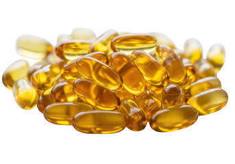 Closeup pile of golden yellow softgel capsules containing oil, likely fish oil or vitamin e, isolated on transparent background